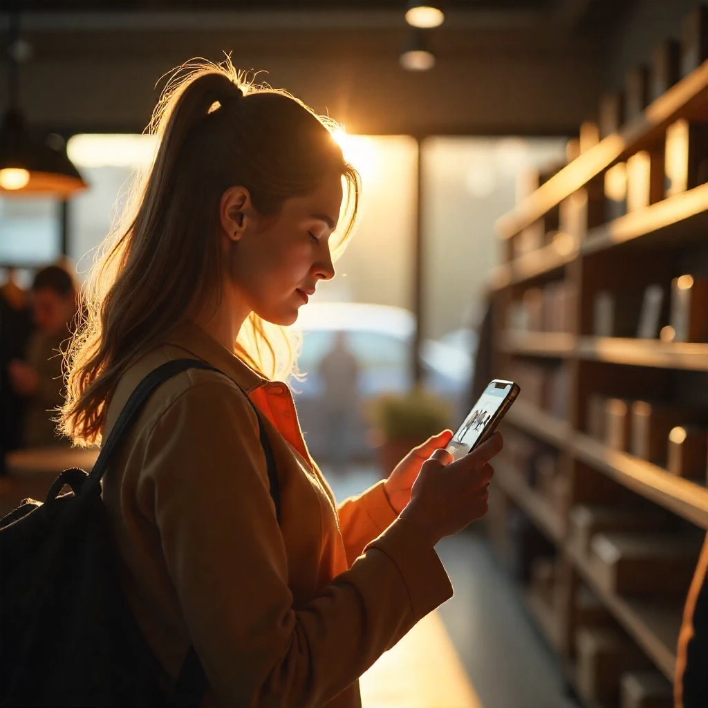 A professional standing in a library during sunset, looking at her smartphone with warm light, exploring AR and VR experiences.