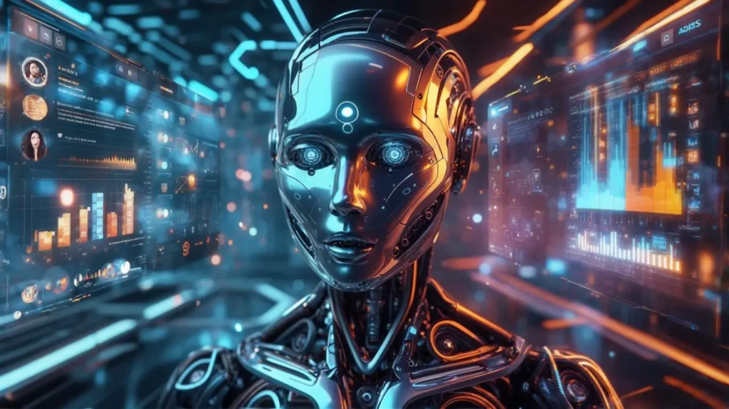 A futuristic humanoid robot with metallic features stands in front of multiple digital screens displaying data charts and analytics, representing advanced technology, artificial intelligence, and expertise in handling digital marketing tools, highlighting the future of digital marketing: AI and automation.