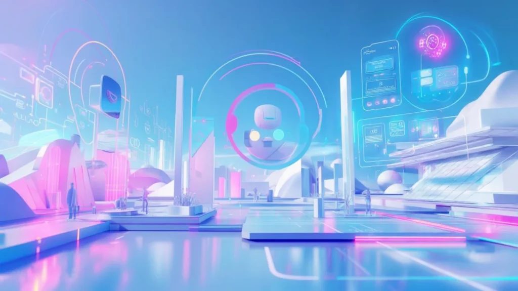 A futuristic digital landscape illustration in pastel blue and pink hues, featuring sleek geometric buildings and holographic interfaces floating in the sky. Stylized human figures walk among modern structures, while a central robot face icon surrounded by neon circular graphics represents advanced technology, virtual reality, and the future of digital marketing: AI and automation in a high-tech urban environment.