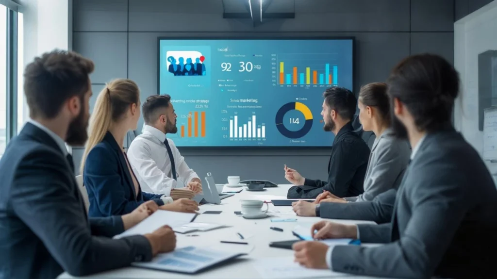 A business team in a meeting analyzing marketing performance charts on a large screen, guided by a well-planned marketing strategy that drives growth and results.