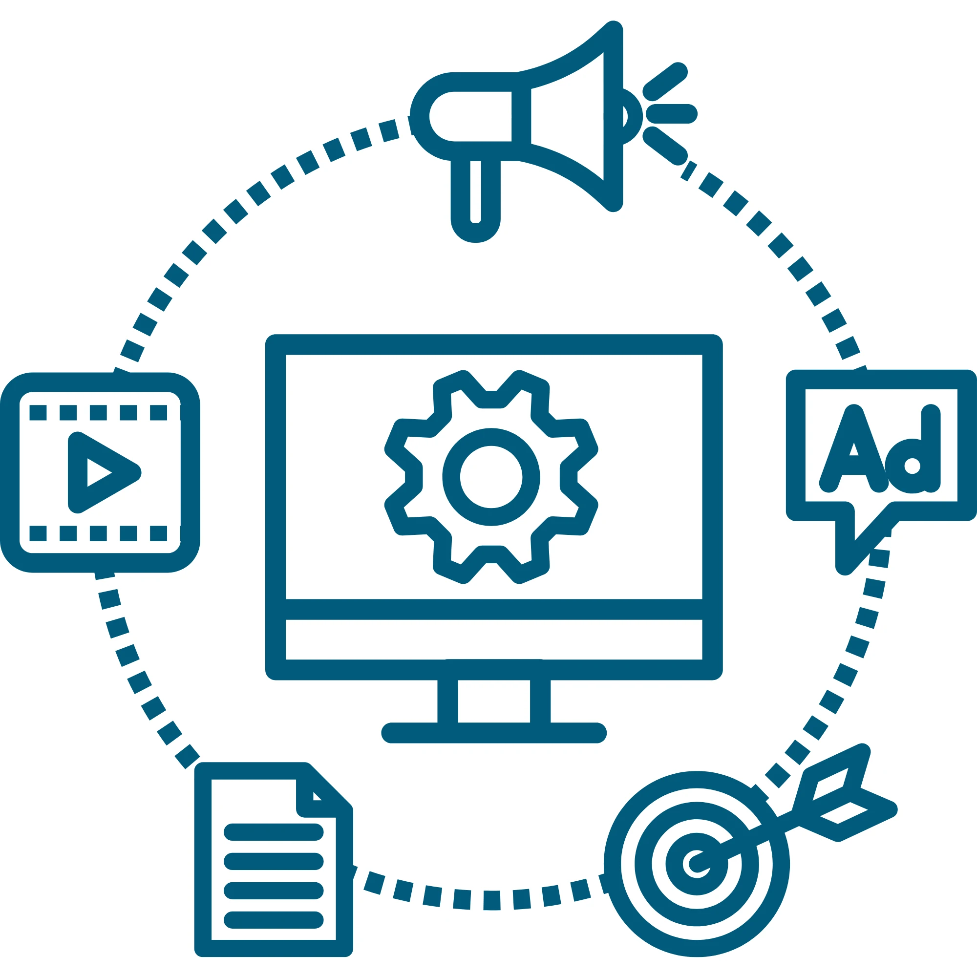 Digital marketing strategist in Malappuram for content creation, illustrated with a computer monitor surrounded by icons of a megaphone, video, ad, document, and target, representing diverse online marketing strategies.