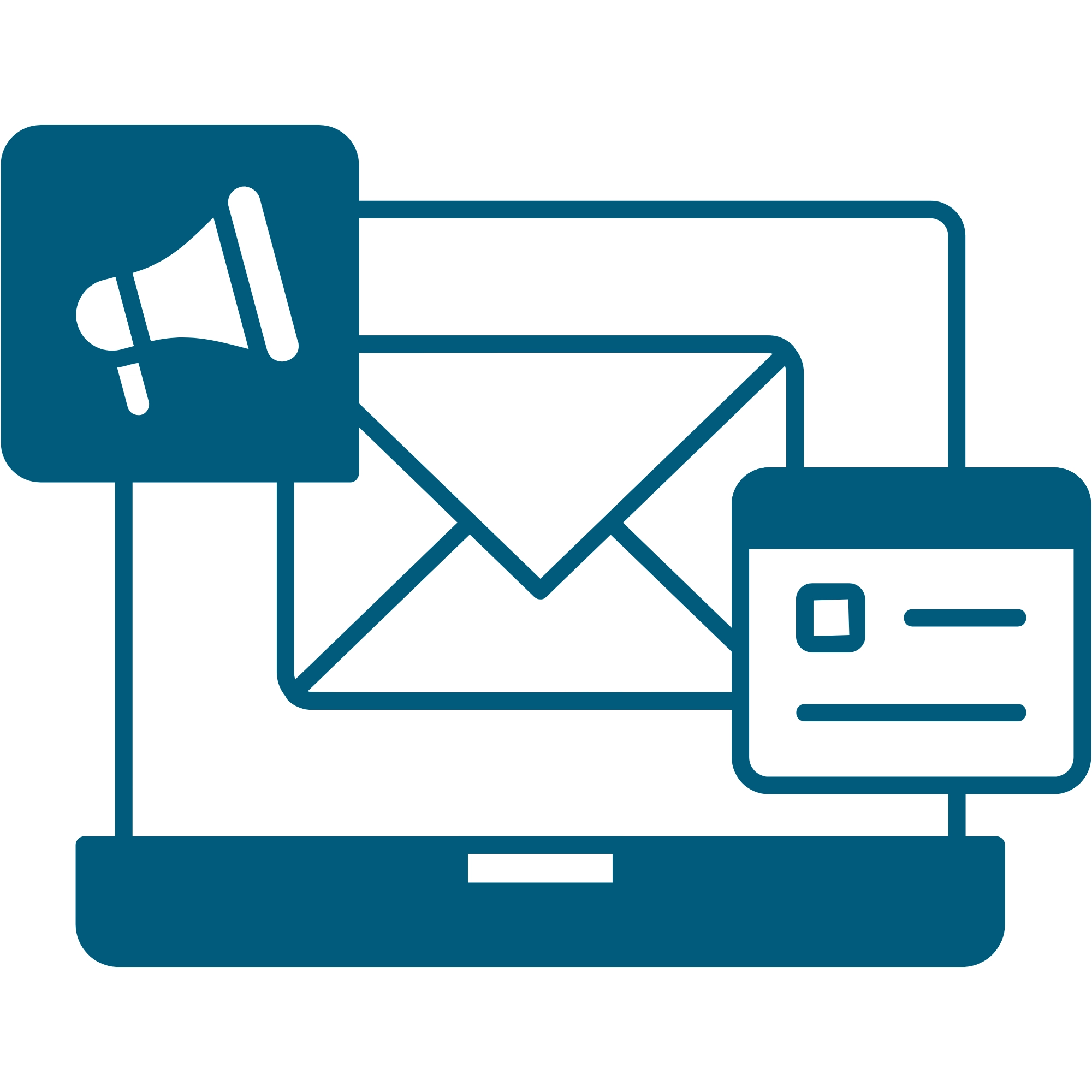 Best Digital marketing strategist in Malappuram for email marketing, illustrated with a laptop, email envelope, megaphone, and notification icons symbolizing online marketing and communication.