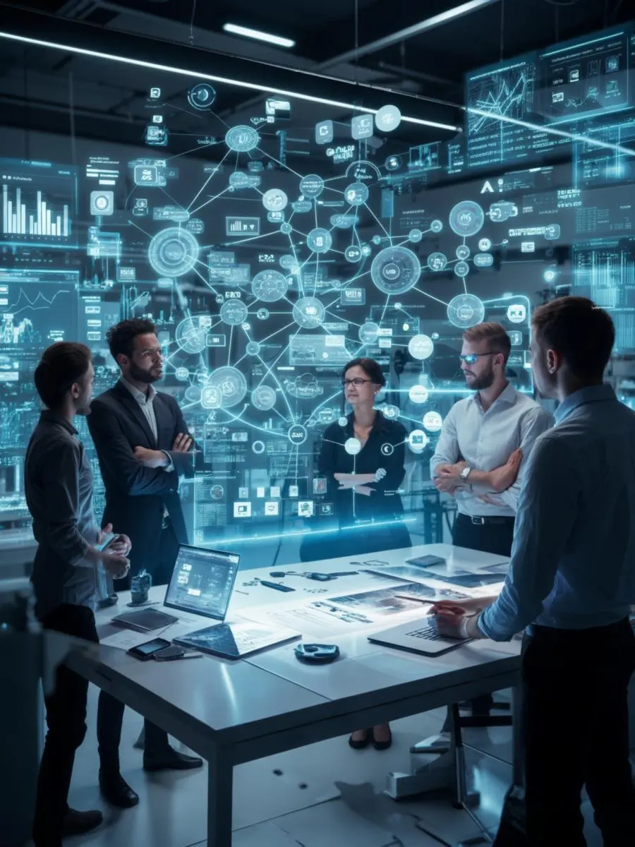 A group of best digital marketinf strategist in malappuram stands around a table in a high-tech room, collaborating on a project. The table is equipped with a laptop and scattered documents, while a large holographic display featuring interconnected nodes, charts, and data visualizations floats above them, illuminating the scene with a blue glow. The room has a futuristic design with screens and digital interfaces on the walls.