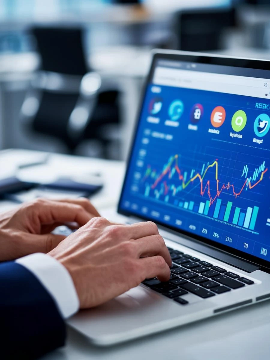 Digital marketing expert in malappuram typing on a laptop displaying digital marketing analytics and growth charts.