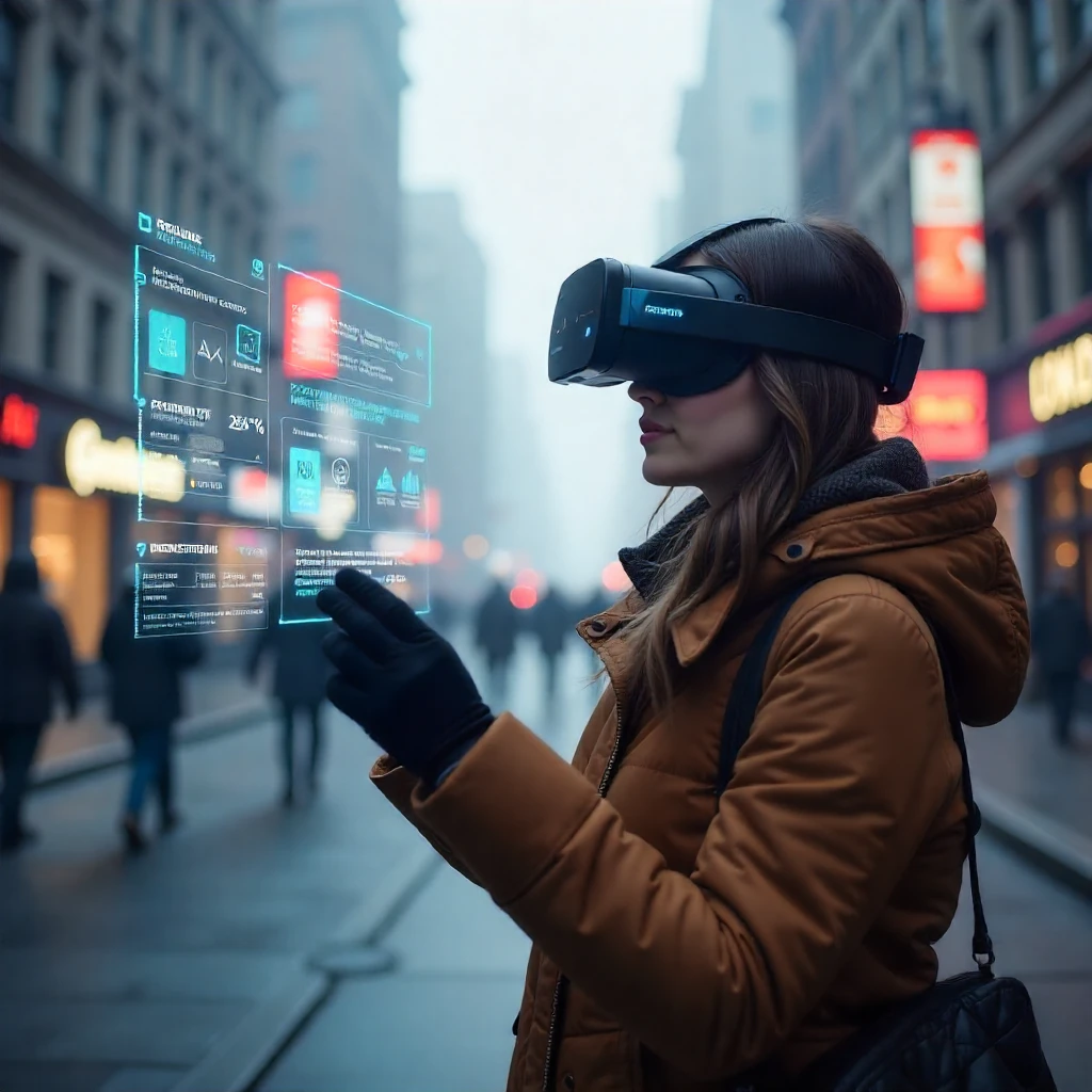 digital marketing expert in malappuram using a VR headset to interact with futuristic digital holograms on a busy city street.